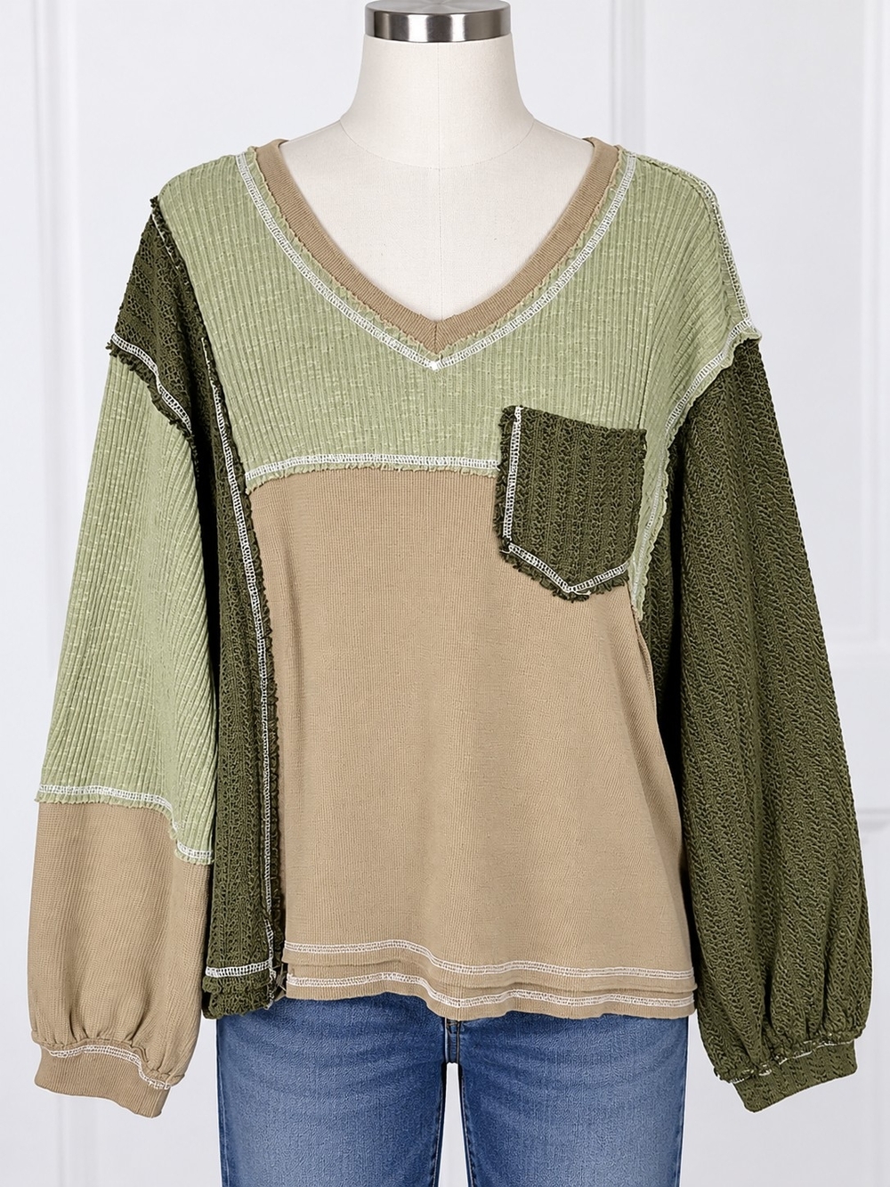 POL Size Large Patchwork Waffle Knit V-Neck Top Olive Sage Boho Oversized - Picture 2 of 5